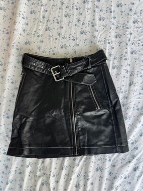 Topshop Black Faux Leather Belted Mini Skirt with Zip Details